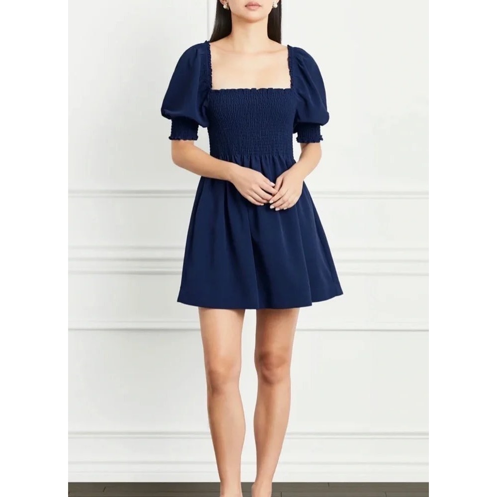Navy Puff-Sleeve Smocked Mini Dress - Brand
